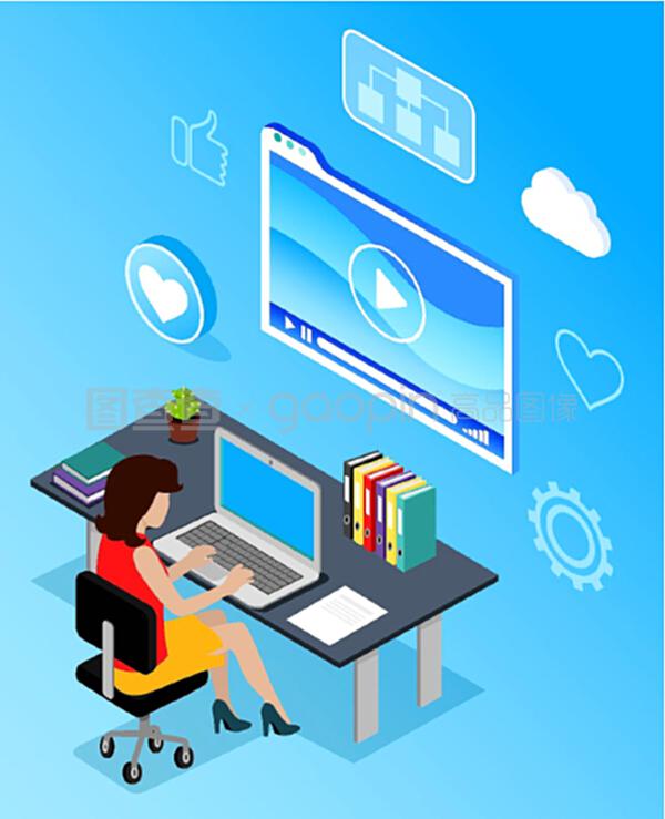 工作場所的商業網絡通信。辦公室使用手提電腦無線設備的女性。藍色的媒體顯示和互聯網圖標像和云。PC向量的數字營銷專家。計算機向量的數字營銷專家